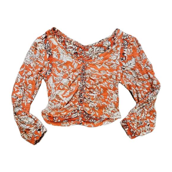 Free People Say The Word Floral Top Womens M Ruby Red Boho Ditsy Cottage Ruched - Picture 1 of 10